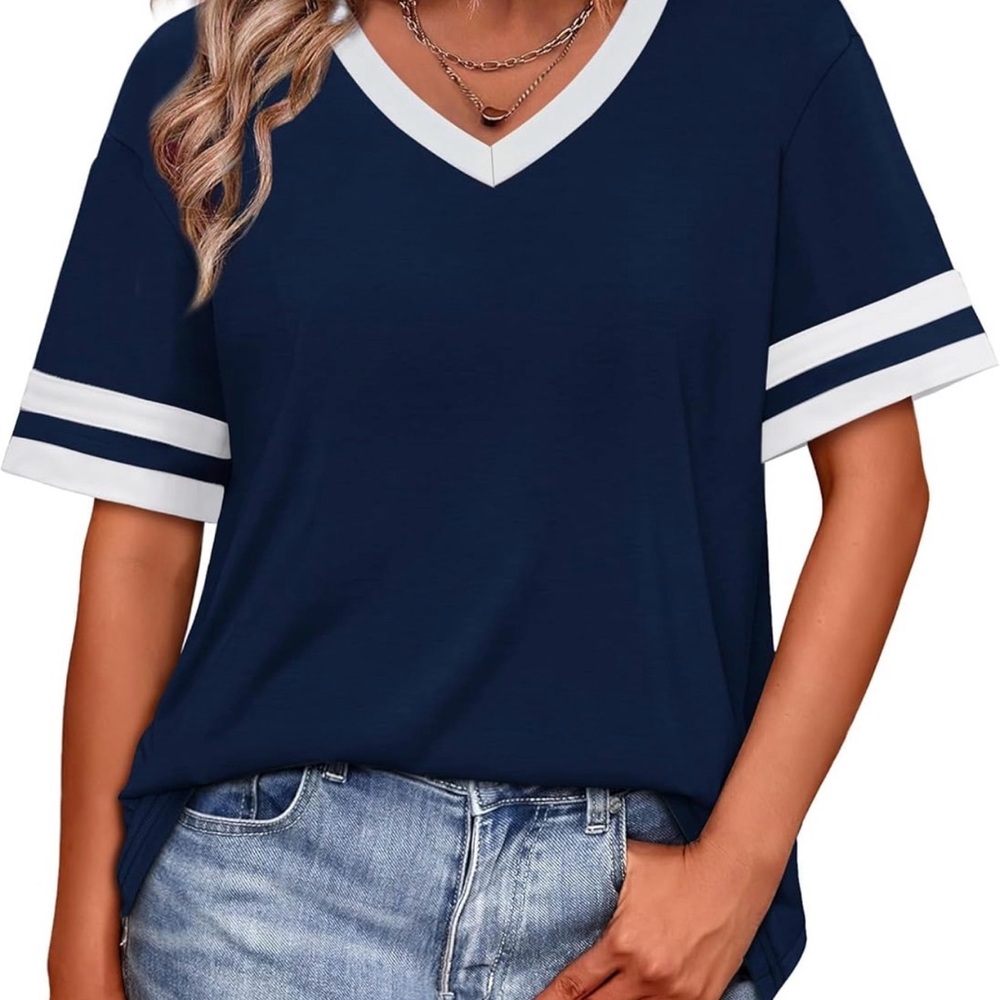 Navy V-Neck Short Sleeve Top with White Accents